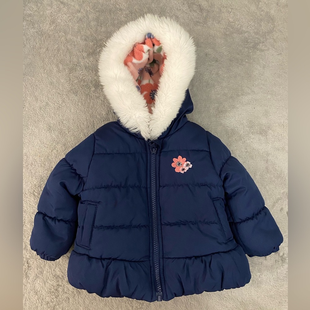 Baby Navy Blue Puffer Jacket with Floral Hood